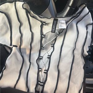 Divided Black and White Lace-Up Top